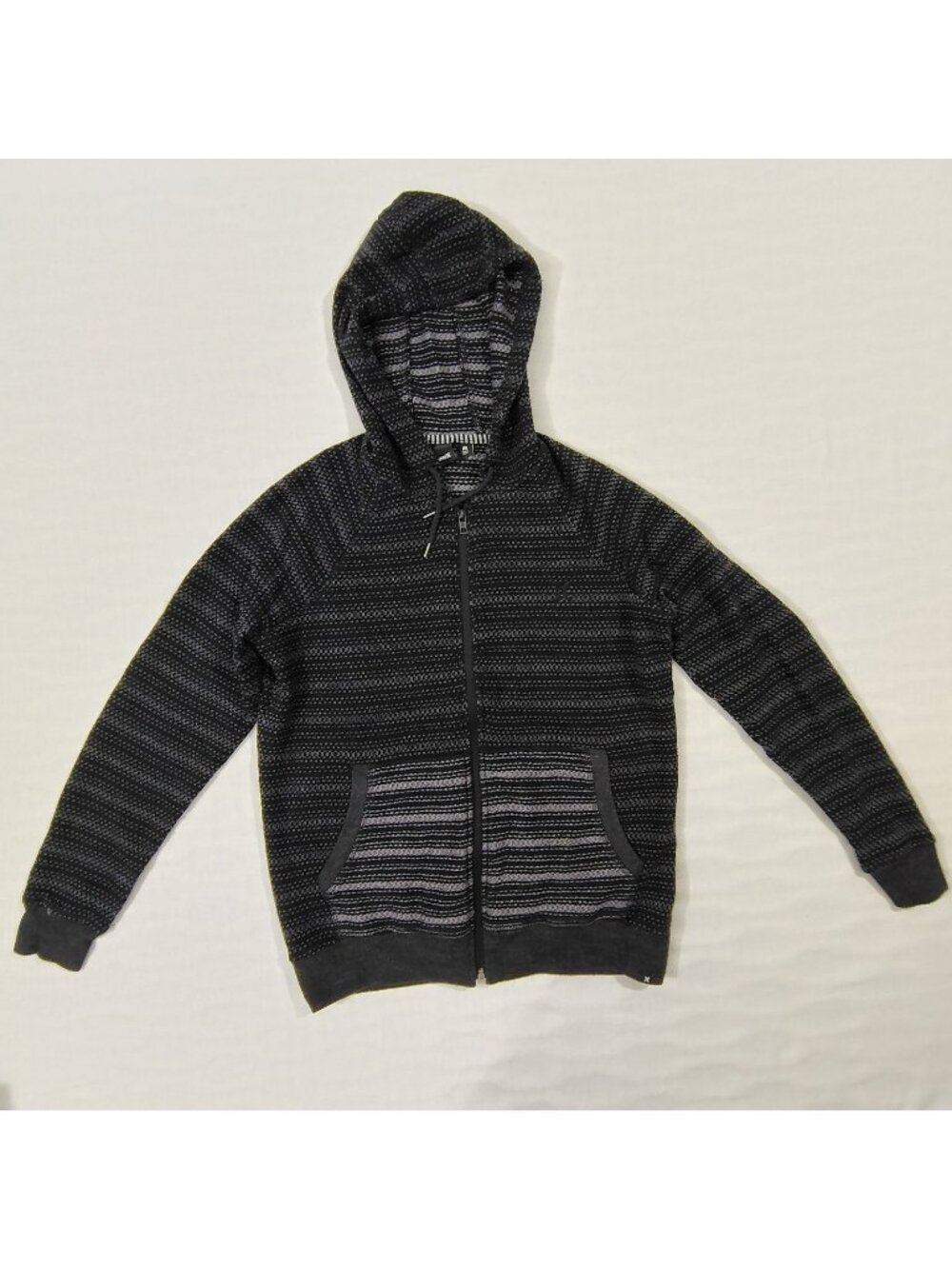 Hurley Hooded Sweater Mens Medium Full Zip Hoodie Pockets Striped Black Gray